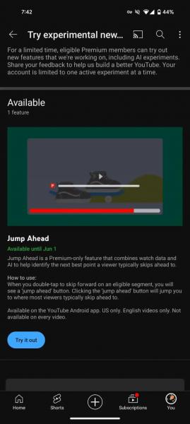 
Для подписчиков YouTube Premium тестируют функцию Jump ahead на базе искусственного интеллекта — быстрое перемещение к интересным фрагментам видео 