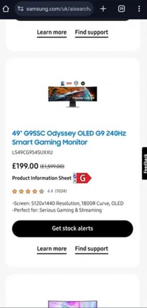 
Топовый монитор Samsung Odyssey OLED G9 продавался за £199 (со скидкой £1400) — тиктокер говорит, что успел купить 