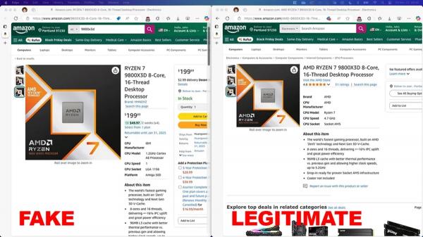 
			Amazon заполонили поддельные AMD Ryzen 9800X3D — за $200 во время дефицита			