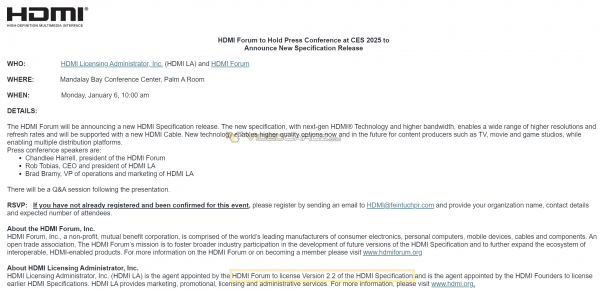 
			Время анонса HDMI 2.2 на CES 2025 официально подтверждено			