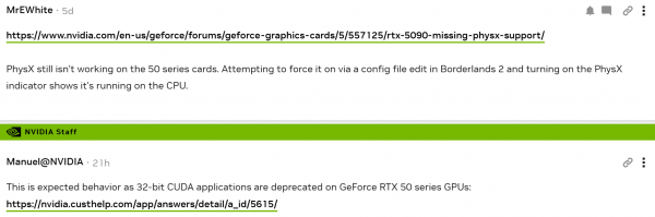
			NVIDIA убирает PhysX 32-бит в RTX 50 — ранние Borderlands, Metro, Mafia и еще десятки игр останутся без эффектов			