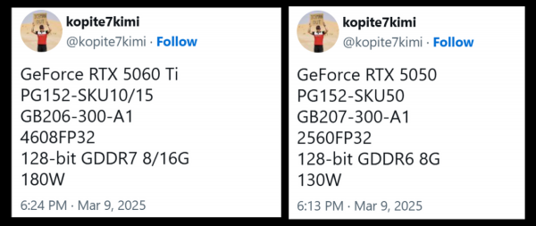 
			Утечка характеристик NVIDIA RTX 5060 Ti и 5050 — последняя получит память GDDR6 и почти вдвое меньше ядер CUDA			