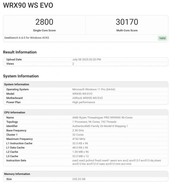 Процессор за $12 800: тест AMD Threadripper PRO 9995WX в Geekbench