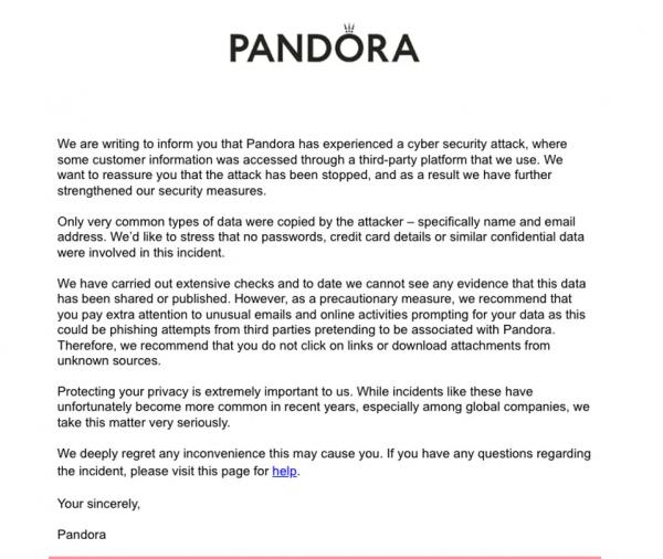 В ювелирной сети Pandora произошла утечка данных — хакеры получили "личную" информацию клиентов