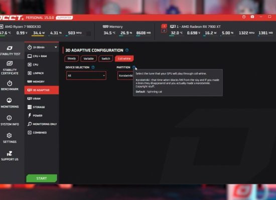 Стресс-тест OCCT v15 заставляет видеокарту “петь”: во время обнаружения свиста дроселей вентиляторы играют мелодию